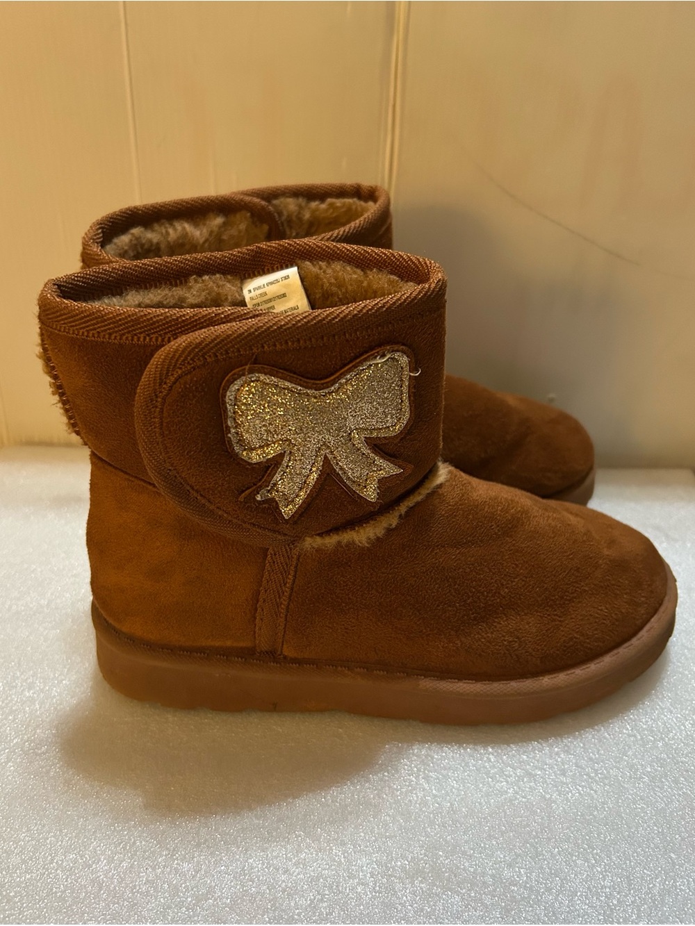 Kids Brown Faux Suede Winter Boots with Sparkle Bow